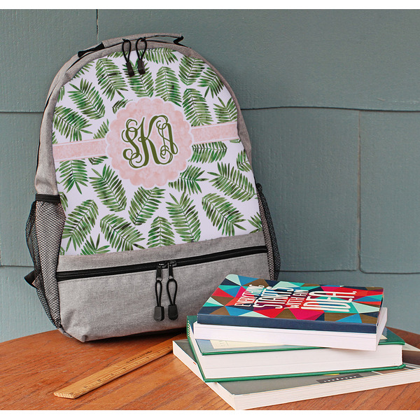 Tropical Leaves Large Backpack - Gray - On Desk