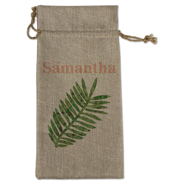 Custom Tropical Leaves Large Burlap Gift Bag - Front (Personalized)