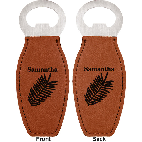 Tropical Leaves Leather Bar Bottle Opener - Front and Back