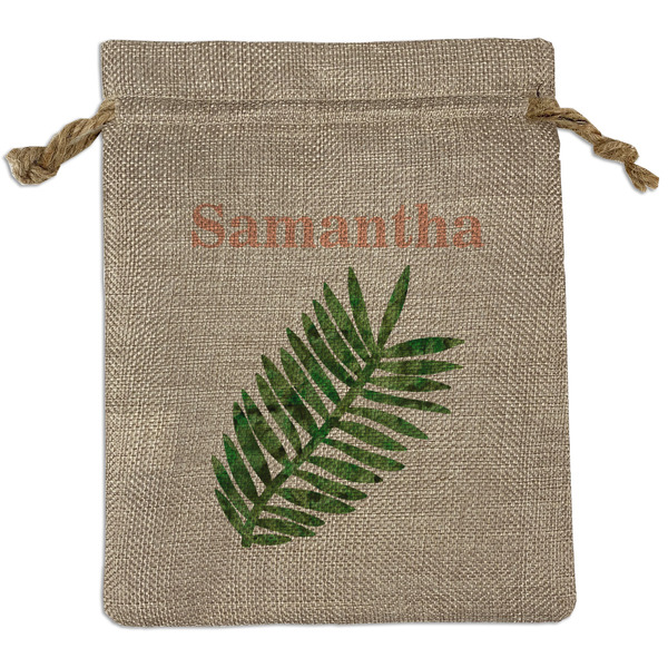 Custom Tropical Leaves Medium Burlap Gift Bag - Front (Personalized)