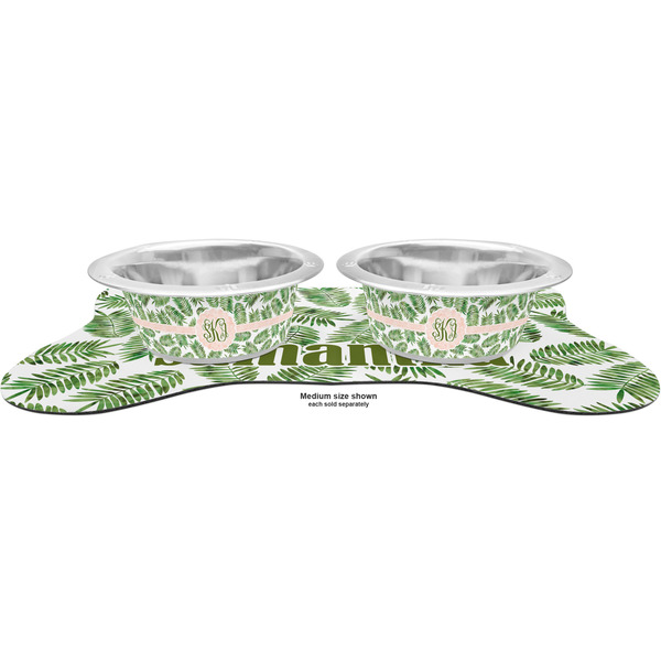 Tropical Leaves Metal Pet Bowls - On Dog Bone Shaped Mat
