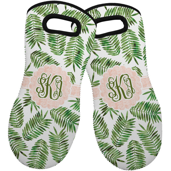 Custom Tropical Leaves Neoprene Oven Mitts - Set of 2 w/ Monogram