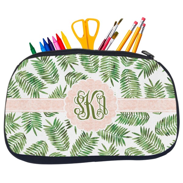 Custom Tropical Leaves Neoprene Pencil Case - Medium w/ Monogram