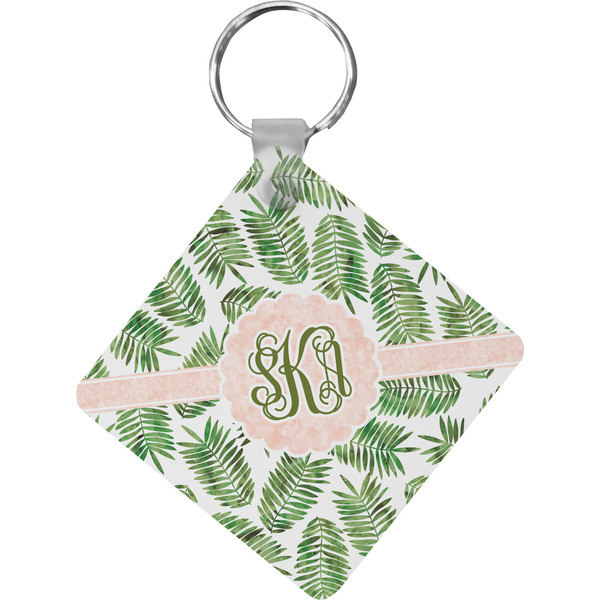 Custom Tropical Leaves Diamond Plastic Keychain w/ Monogram