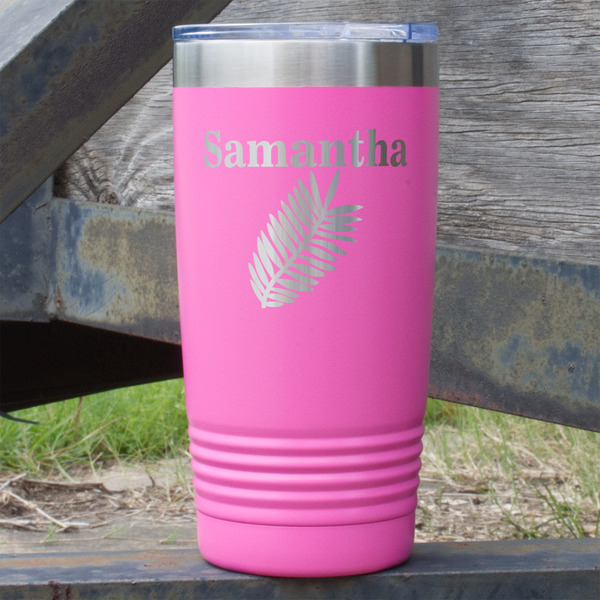 Custom Tropical Leaves 20 oz Stainless Steel Tumbler - Pink - Single Sided (Personalized)