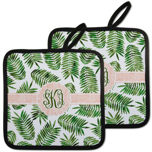 Custom Tropical Leaves Pot Holders - Set of 2 w/ Monogram