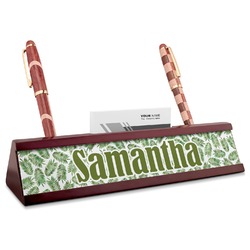 Tropical Leaves Red Mahogany Nameplate with Business Card Holder (Personalized)