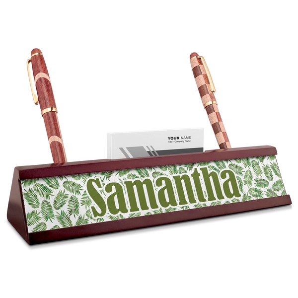 Custom Tropical Leaves Red Mahogany Nameplate with Business Card Holder (Personalized)