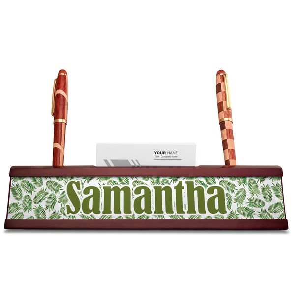 Tropical Leaves Red Mahogany Nameplates with Business Card Holder - Straight