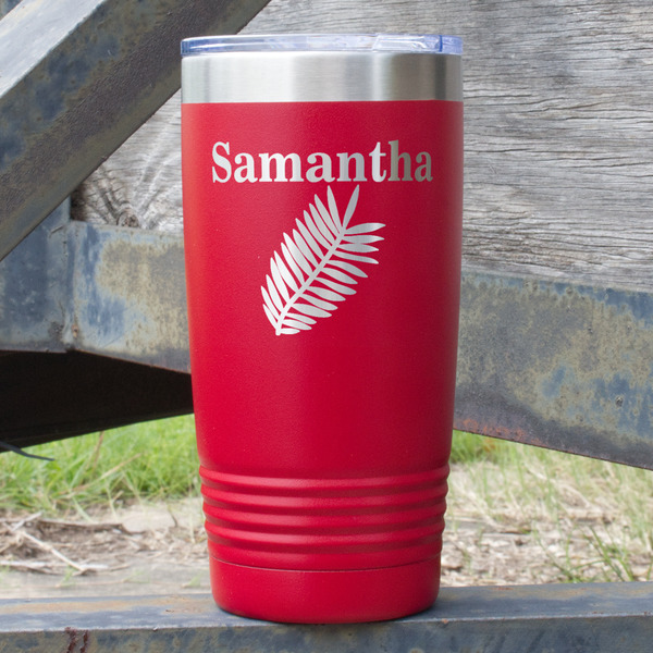 Custom Tropical Leaves 20 oz Stainless Steel Tumbler - Red - Single Sided (Personalized)