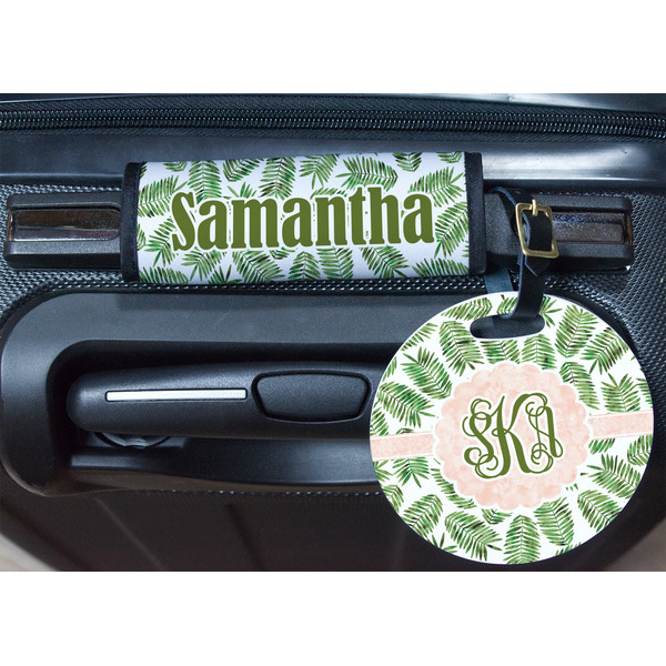 Tropical Leaves Round Luggage Tag & Handle Wrap - In Context