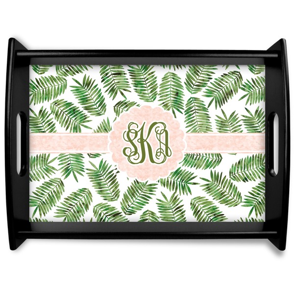 Custom Tropical Leaves Black Wooden Tray - Large (Personalized)