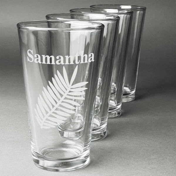 Custom Tropical Leaves Pint Glasses - Engraved (Set of 4) (Personalized)