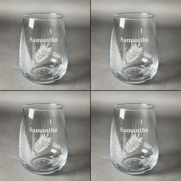 Tropical Leaves Set of Four Personalized Stemless Wineglasses (Approval)