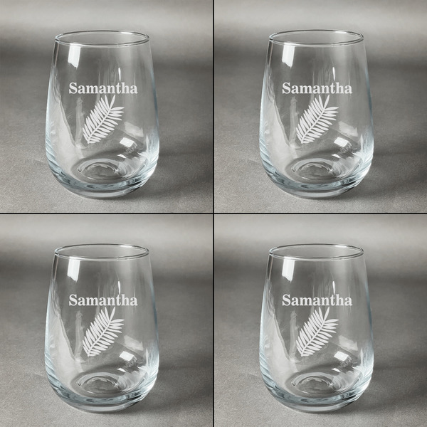 Tropical Leaves Set of Four Personalized Stemless Wineglasses (Approval)