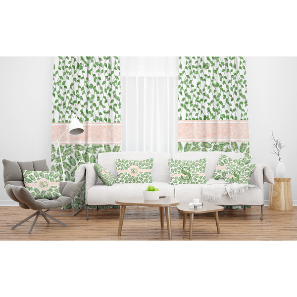 Tropical Leaves Sheer and Custom Curtains in Room with Matching Pillows