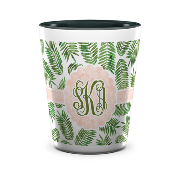 Custom Tropical Leaves Ceramic Shot Glass - 1.5 oz - Two Tone - Set of 4 (Personalized)