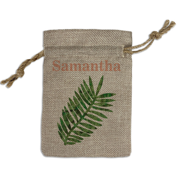 Custom Tropical Leaves Small Burlap Gift Bag - Front (Personalized)