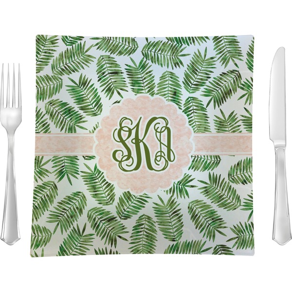 Custom Tropical Leaves Glass Square Lunch / Dinner Plate 9.5" (Personalized)