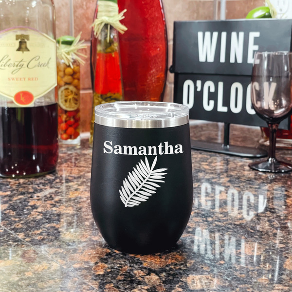 Tropical Leaves Stainless Wine Tumblers - Black - Double Sided - In Context
