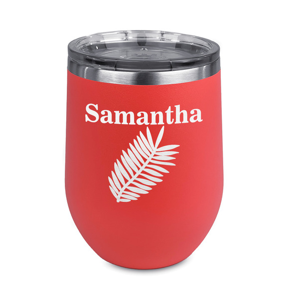 Custom Tropical Leaves Stemless Stainless Steel Wine Tumbler - Coral - Double Sided (Personalized)