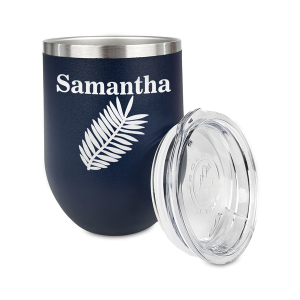 Tropical Leaves Stainless Wine Tumblers - Navy - Double Sided - Alt View