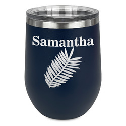 Tropical Leaves Stemless Stainless Steel Wine Tumbler - Navy - Double Sided (Personalized)