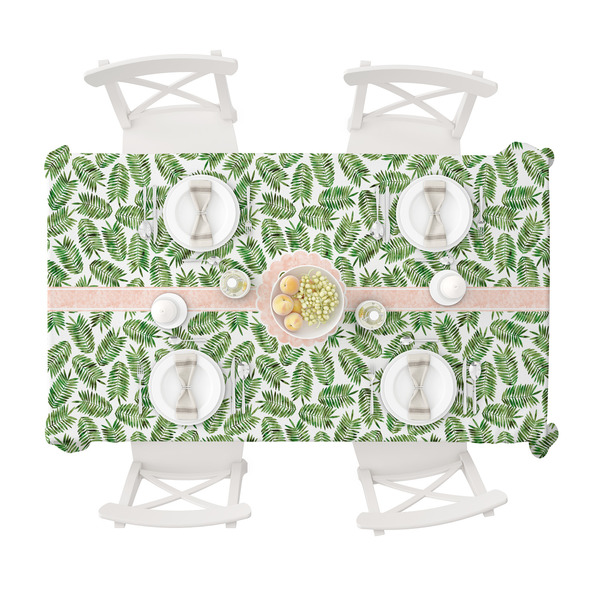 Tropical Leaves Tablecloths (58"x102") - TOP VIEW (with plates)