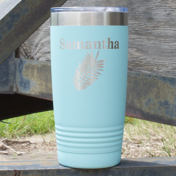 Custom Tropical Leaves 20 oz Stainless Steel Tumbler - Teal - Single Sided (Personalized)