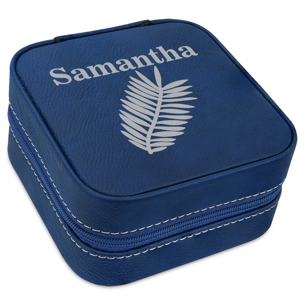 Custom Tropical Leaves Travel Jewelry Box - Navy Blue Leather (Personalized)