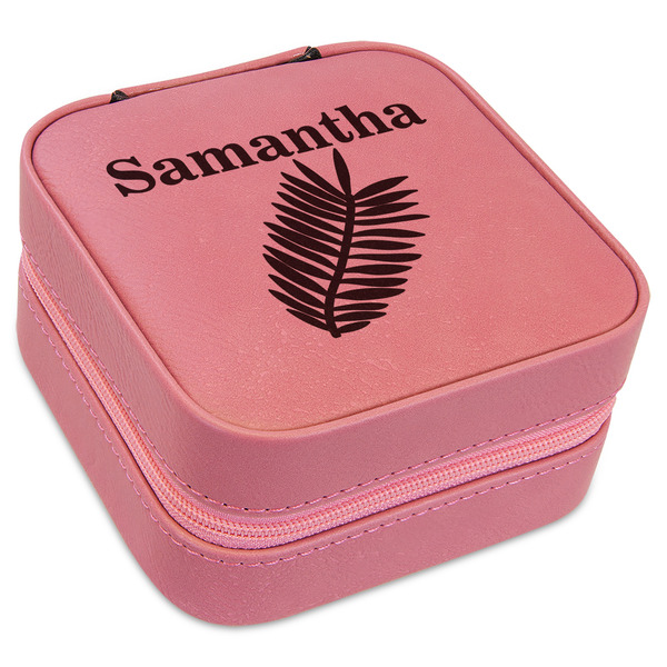Custom Tropical Leaves Travel Jewelry Boxes - Pink Leather (Personalized)