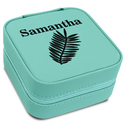 Tropical Leaves Travel Jewelry Box - Teal Leather (Personalized)