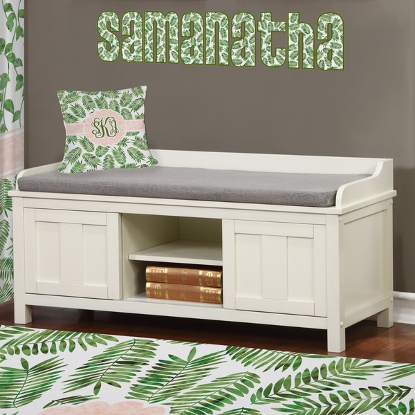 Tropical Leaves Wall Name Decal Above Storage bench