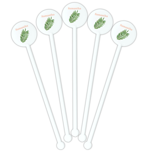 Tropical Leaves White Plastic 5.5" Stir Stick - Fan View