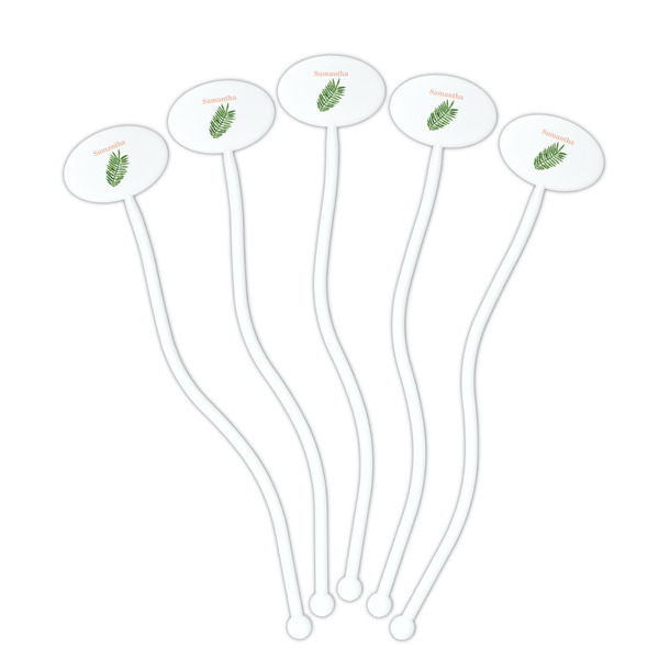 Tropical Leaves White Plastic 7" Stir Stick - Oval - Fan