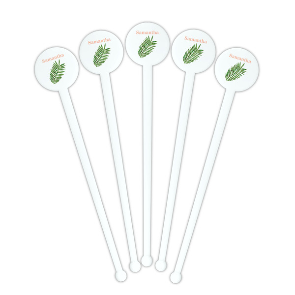 Tropical Leaves White Plastic 7" Stir Stick - Round - Fan View
