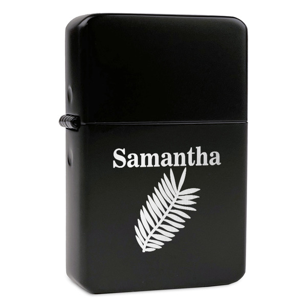 Custom Tropical Leaves Windproof Lighter - Black - Single Sided & Lid Engraved (Personalized)