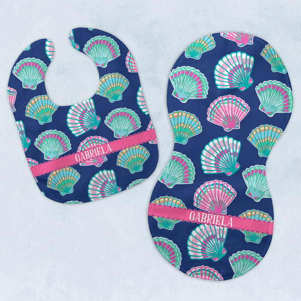 Custom Preppy Sea Shells Baby Bib & Burp Set w/ Name or Text