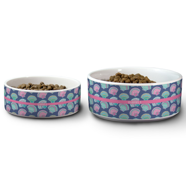 Preppy Sea Shells Ceramic Dog Bowls - Size Comparison