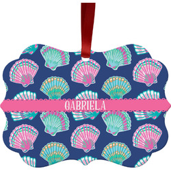 Preppy Sea Shells Metal Frame Ornament - Double Sided w/ Name or Text