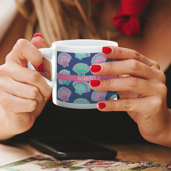 Preppy Sea Shells Espresso Cup - 6oz (Double Shot) LIFESTYLE (Woman hands cropped)