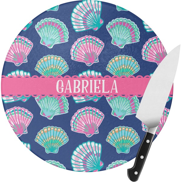 Custom Preppy Sea Shells Round Glass Cutting Board - Medium (Personalized)