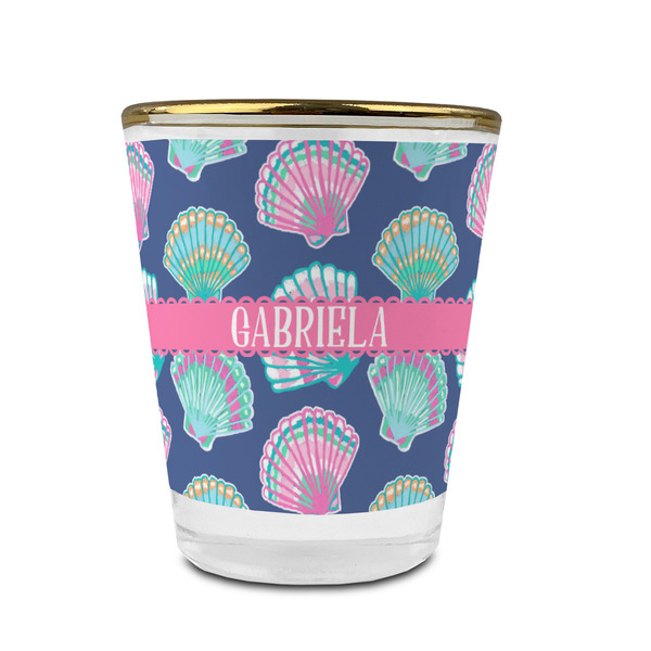 Preppy Sea Shells Glass Shot Glass - With gold rim - FRONT