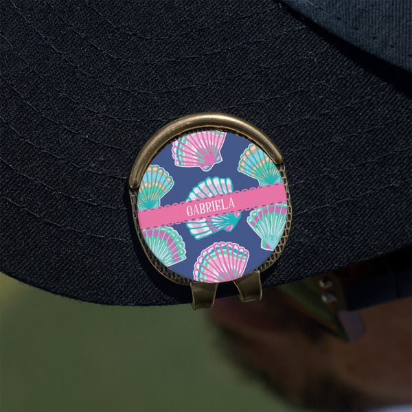 Preppy Sea Shells Golf Ball Marker Hat Clip - Gold - On Hat
