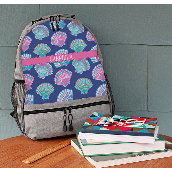 Preppy Sea Shells Large Backpack - Gray - On Desk