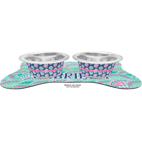Preppy Sea Shells Metal Pet Bowls - On Dog Bone Shaped Mat