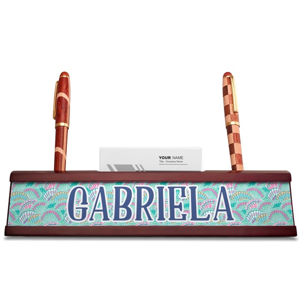 Preppy Sea Shells Red Mahogany Nameplates with Business Card Holder - Straight