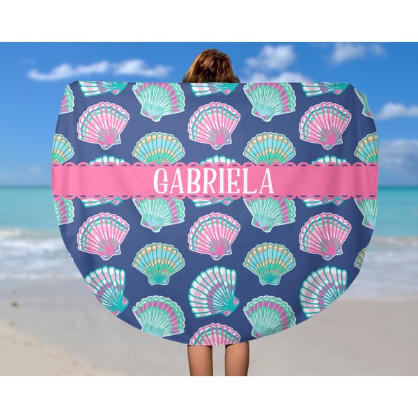 Preppy Sea Shells Round Beach Towel - In Use