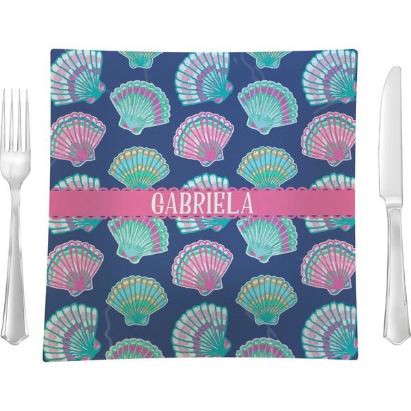 Custom Preppy Sea Shells 9.5" Glass Square Lunch / Dinner Plate- Single or Set of 4 (Personalized)