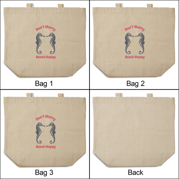 Sea Horses 3 Reusable Cotton Grocery Bags - Front & Back View